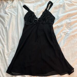 Vintage Lucie Ann Black Satin Chemise with Lace Detail